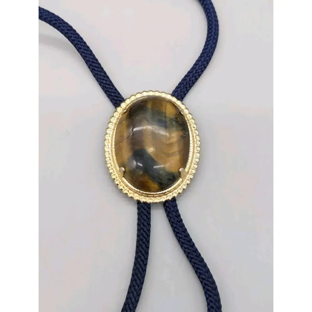 Vintage Bolo Tie With Oval Agate Stone on Metal Western Navy Braided Cord